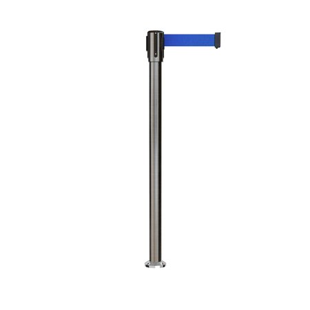 MONTOUR LINE Retractable Belt Fixed Stanchion, 2ft Sat.Steel Post  9ft. Blue Belt MX530F-SS-BL-90